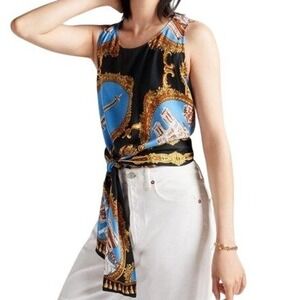 Anthropologie Tiny Paris Postcard Tie Wrap Top XS Black Gold Medallion France